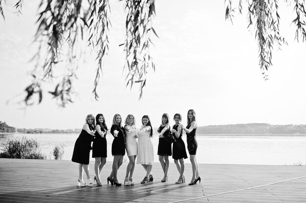 Группа из 8 девушек в черном и 2 невесты на девичнике на фоне солнечного пляжа пьют шампанское