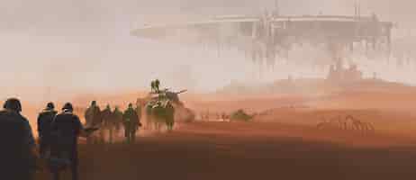 Free photo a group of armed forces walking in the desert. in the distance is a huge alien mothership floating in the air. 3d illustrations and digital paintings.
