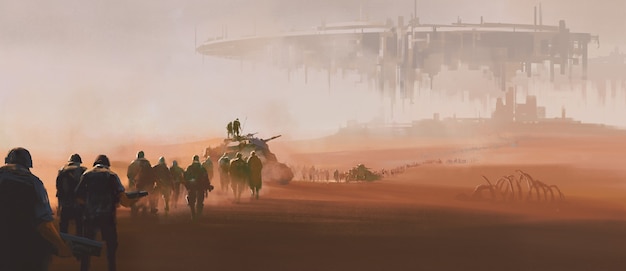 사막을 걷고있는 군대. 저 멀리에는 거대한 외계 모선이 공중에 떠 있습니다. 3D 일러스트레이션 및 디지털 페인팅.