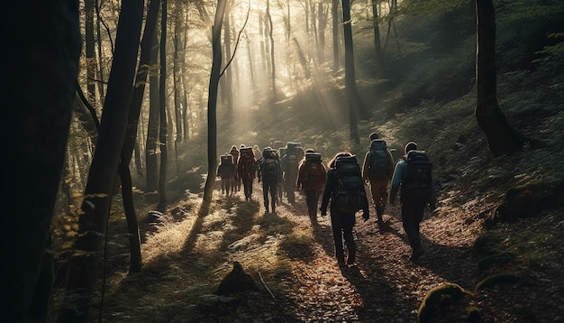 Free photo group of backpackers hiking through autumn forest generated by ai