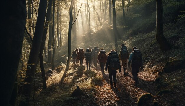 Группа туристов, прогуливающихся по осеннему лесу, сгенерированному ИИ