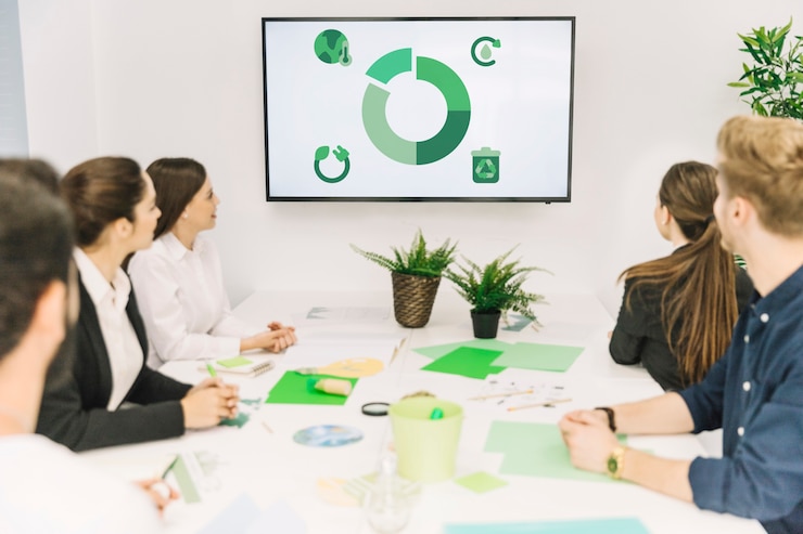 Free Photo group of businesspeople looking at natural resources icon in meeting