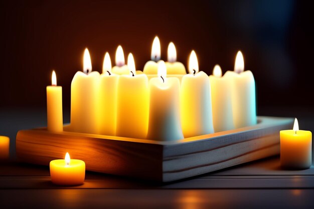 A group of candles are lit in a wooden box