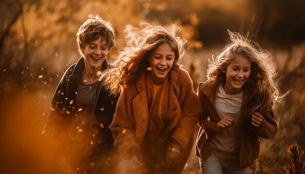 Group of carefree children enjoying autumn outdoors together generated by AI