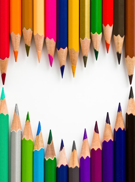 Group of colored pencils with heart shaped