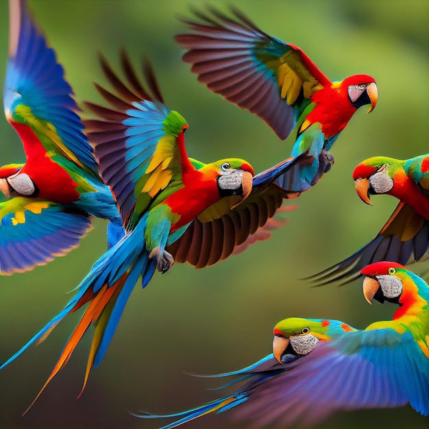 A group of colorful birds are flying in formation with one being flown by another.