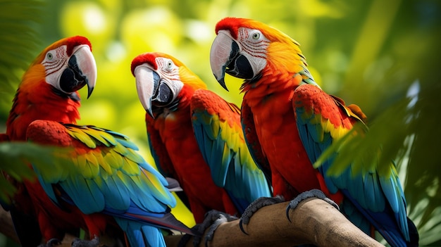 Free photo group of colorful macaws engaged in vibrant midday chatter amid lush foliage