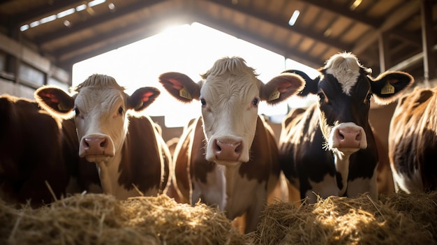 Group of cows inside a dairy barn with hay