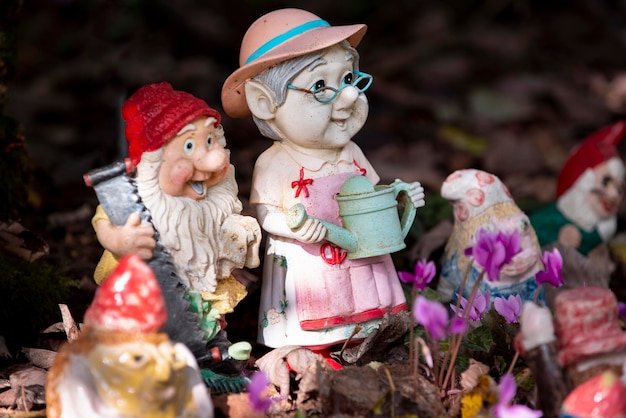 Group of different funny garden gnomes