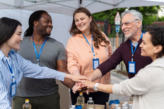 Group of different people volunteering at a foodbank