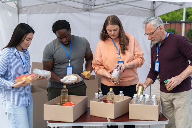 Группа разных людей, волонтерских в foodbank