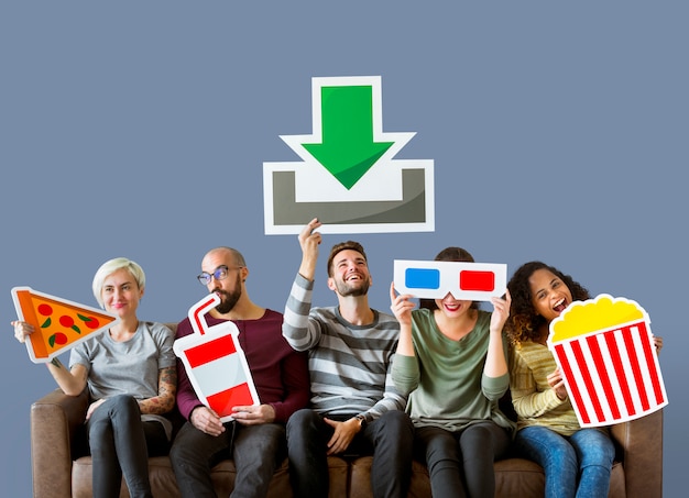 Group of diverse friends and movie download concept