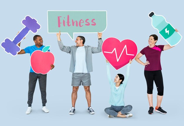 Group of diverse people holding health and fitness icons