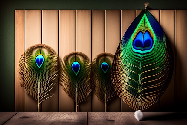 A group of feathers with blue hearts are on a wooden surface.