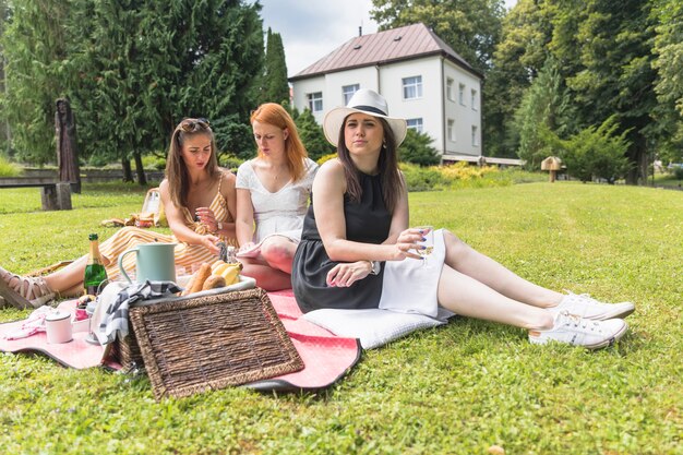 ピクニックで楽しむ緑の草に座っている女性の友人のグループ