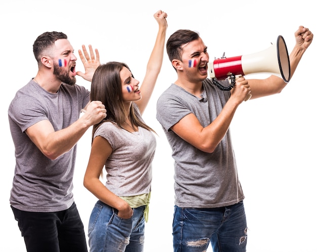 Free photo group of football fans support france national team on white background. football fans concept