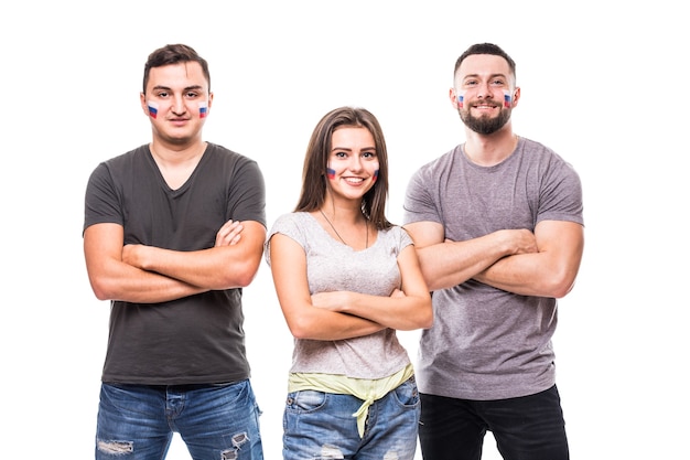 Group of football fans support Russian national team on white background. Football fans concept.