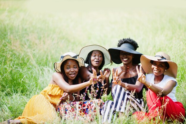 Группа из четырех великолепных африканских женщин в летней шляпе сидит на зеленой траве в парке