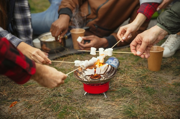 Group of friends on a camping or hiking trip in autumn day. Men and women with touristic backpacks having break in the forest