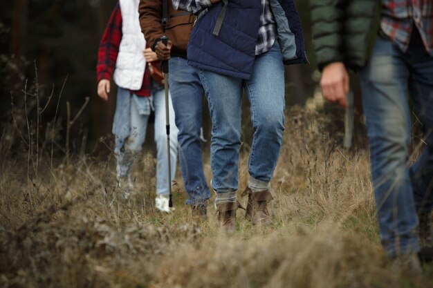 Group of friends on a camping or hiking trip in autumn day