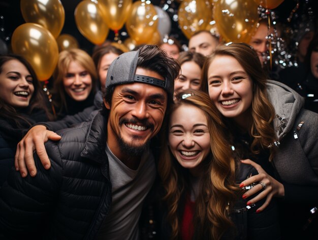 Group of friends celebration new year's eve with balloons