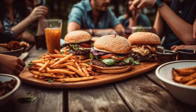 Group of friends enjoying gourmet pub food generated by AI