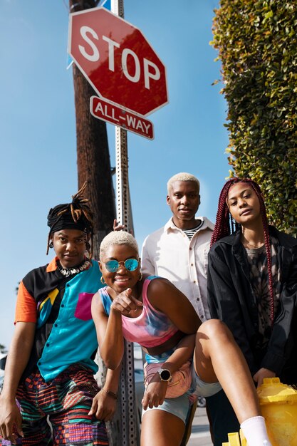 Group of friends posing outside by a stop sign in the city