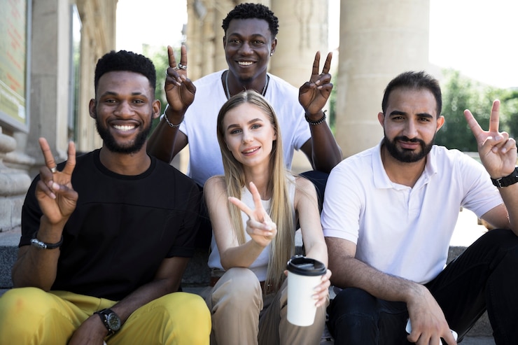 Free Photo group of friends showing peace