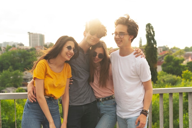 Group friends spending time together outdoors in the city