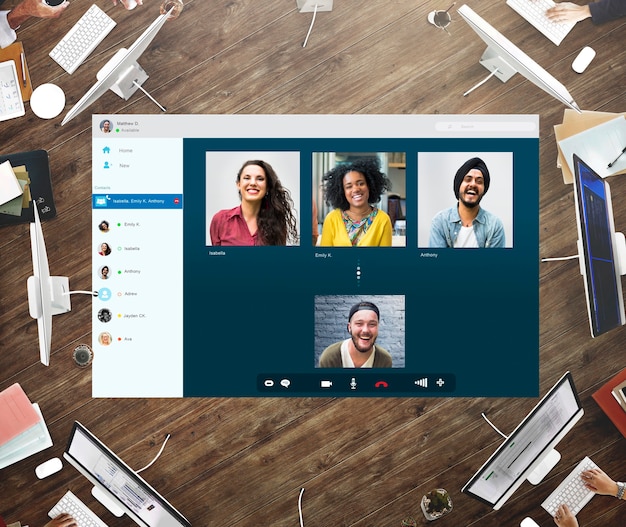 Free photo group friends video chat connection concept