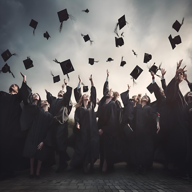 Foto gratuita un gruppo di laureati che lanciano i cappelli in aria