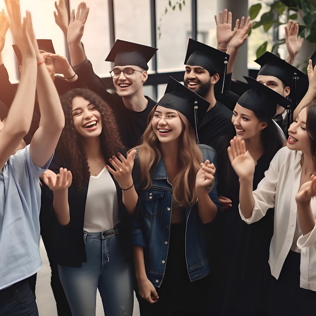 Group of happy students in academic caps dancing and smiling while standing in classroom