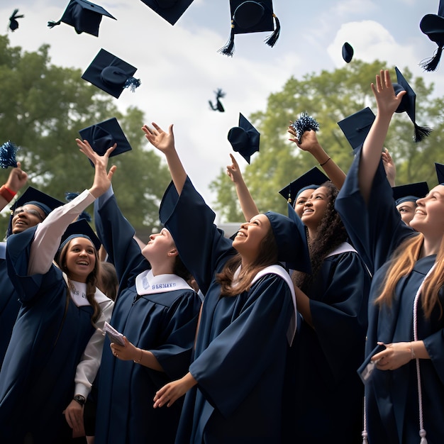 졸업 의상 과 모자 를 입은 행복 한 학생 들 의 집단 이 손 을 들고