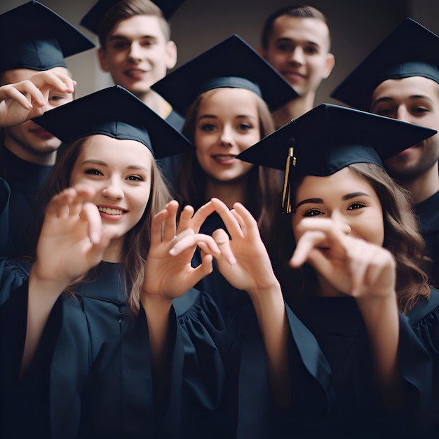 Foto gratuita un gruppo di studenti felici in abiti da laurea che mostrano il segno ok con le dita
