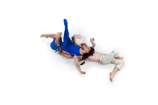 The group of modern dancers, art contemp dance, blue and white combination of emotions