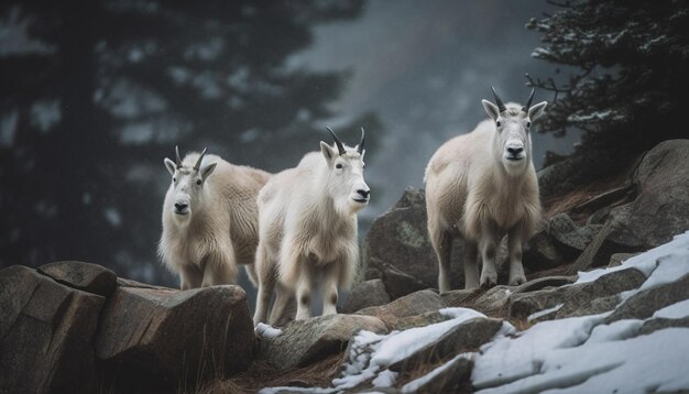 A group of mountain goats stand on a snowy hill.