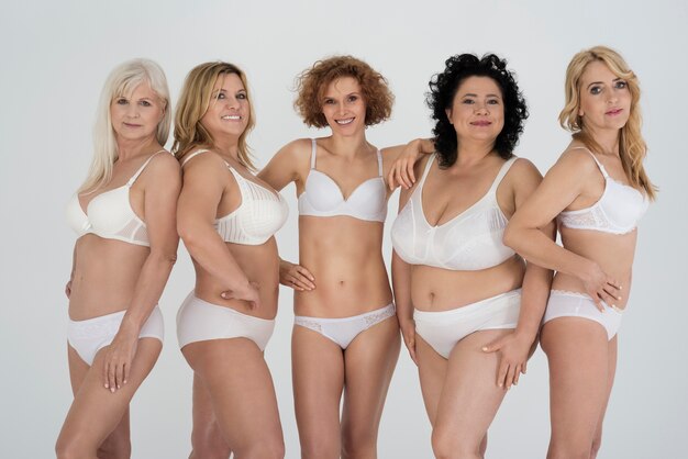 Group of natural women in classic lingerie