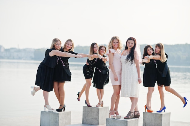 無料写真 太陽が降り注ぐビーチとのヘンパーティーで、8人の女の子のグループが黒と2人の花嫁を着ます