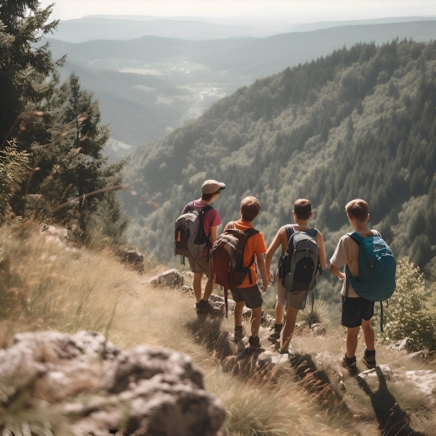 Бесплатное фото Группа друзей, путешествующих по горам обратный вид группы людей с рюкзаками, стоящих на вершине горы и смотрящих на долину