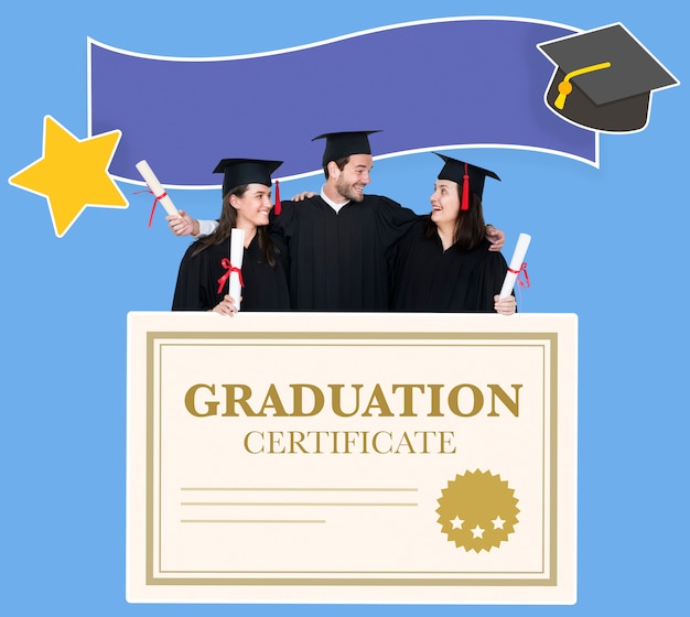 Группа выпускников в кепке и халате с выпускным сертификатом