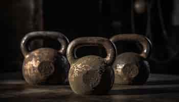 Free photo a group of old weights sit on a table in a dark room.