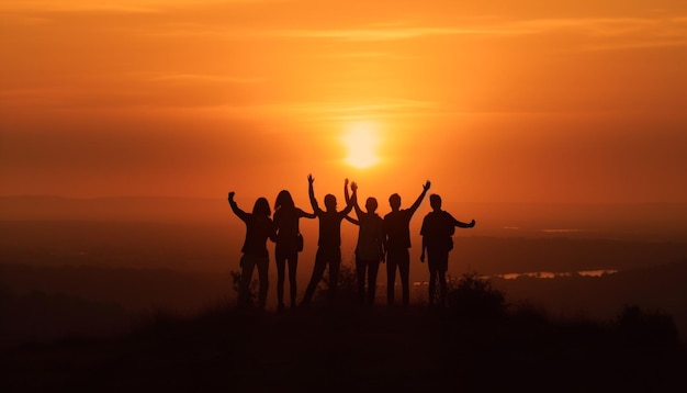 Free photo group of people cheering arms raised in joy generated by ai