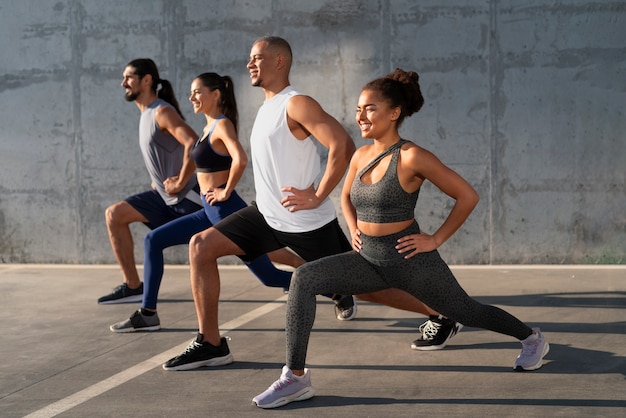 Free photo group of people exercising together outdoors