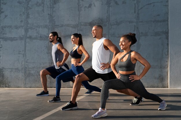 group of people exercising together outdoors