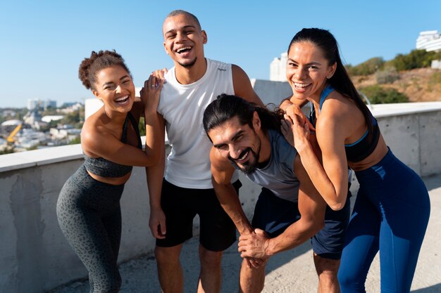 group of people exercising together outdoors