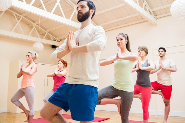 Treepose 요가 운동을 수행하는 사람들의 그룹