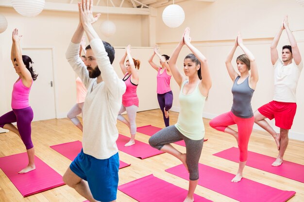 Treepose 요가 운동을 수행하는 사람들의 그룹