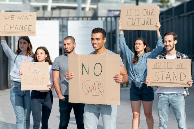 Group of people protesting together