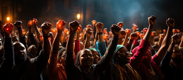 Group of people raising their hands up in a protest against racism and discrimination