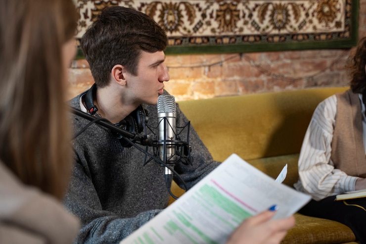 Free Photo group of people running a podcast together